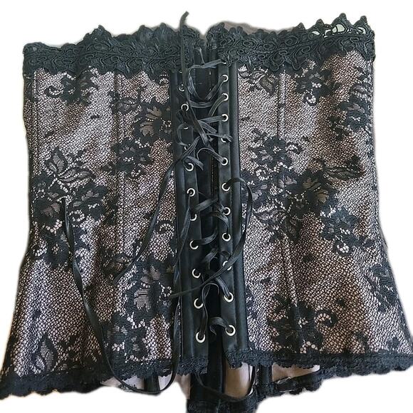 Frederick's of Hollywood Lingerie Intimate Sleepwear Corset Set 34 Black Lace - Picture 1 of 5